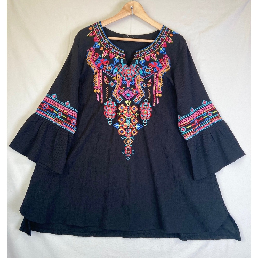 Calessa Black Embroidered Boho Tunic Top 1X Bell Sleeve Burnout Back Festival